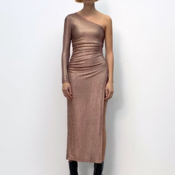 Zara Dresses Zara Metallic Bronze One Shoulder Gown Poshmark